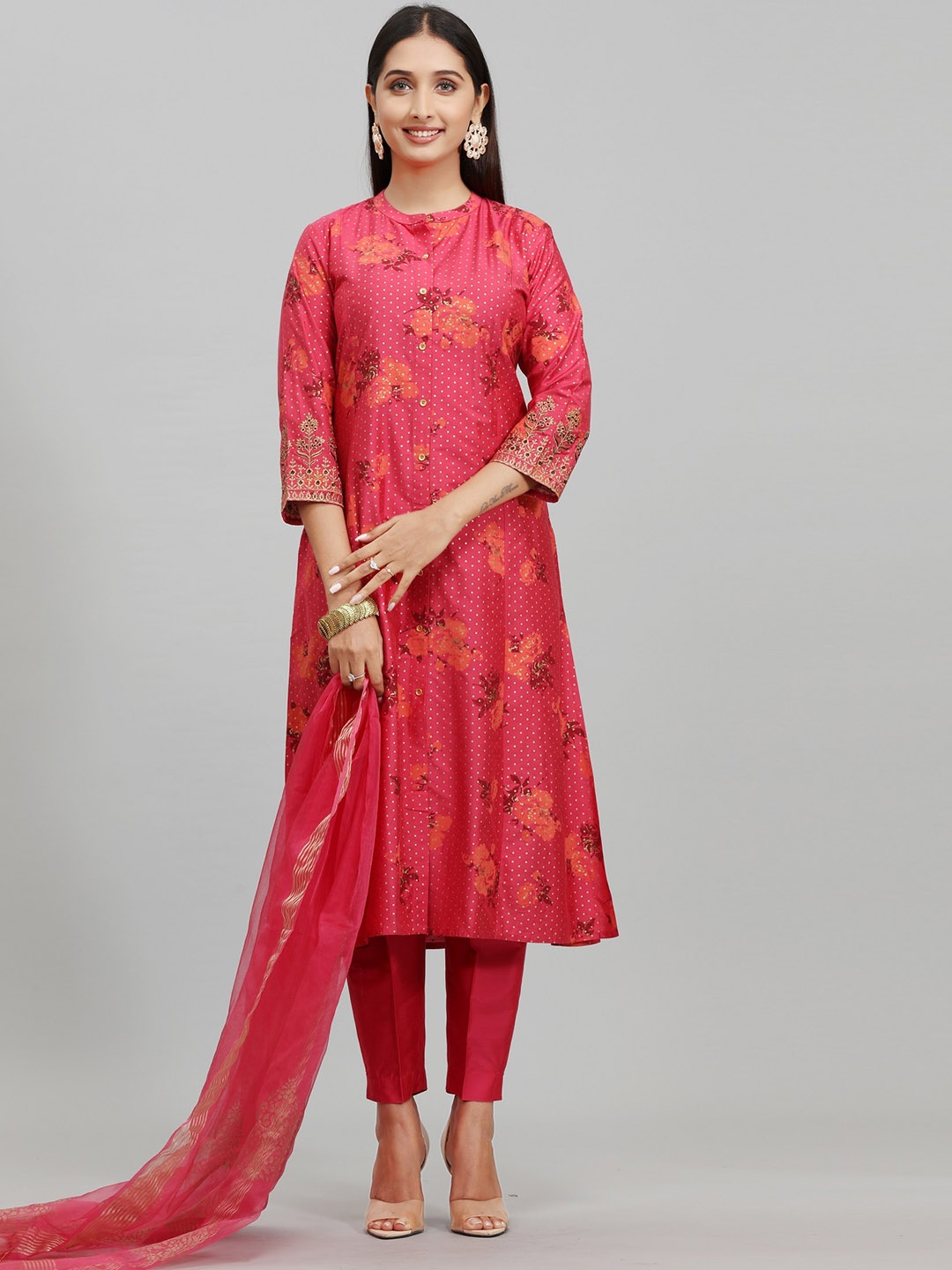 

COTTON CULTURE Floral Printed Mandarin Collar Flared A-Line Kurta with Trousers & Dupatta, Pink