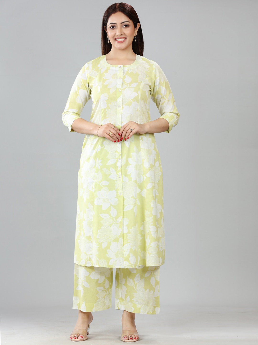

COTTON CULTURE Floral Printed Round Neck Pure Cotton Straight Kurta with Palazzos, Green