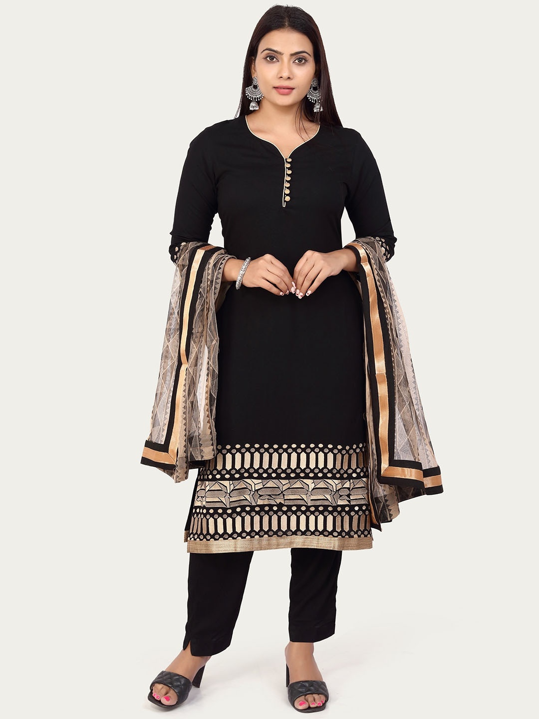 

COTTON CULTURE Geometric Printed V-Neck Straight Kurta with Palazzos & Dupatta, Black