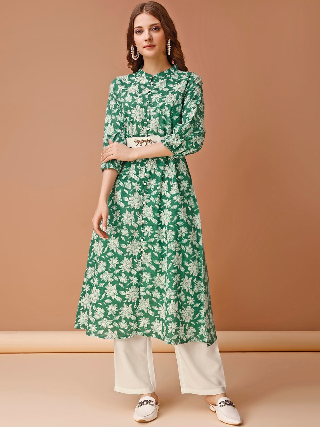 

Anouk Floral Printed Regular Pure Cotton Anarkali Kurta With Palazzo With Belt, Green
