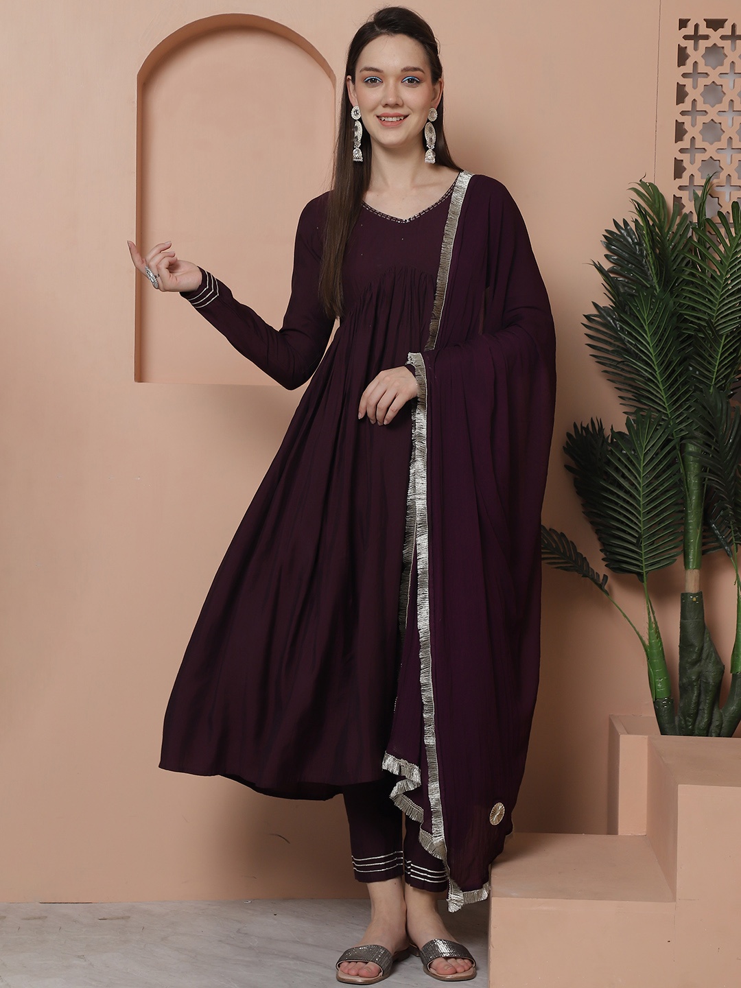 

Rajnandini Pleated Aari Work Kurta With Trouser & Dupatta, Purple