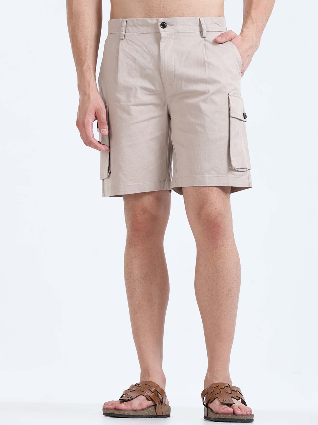 

Tailoraedge Men Mid-Rise Cargo Shorts, Beige