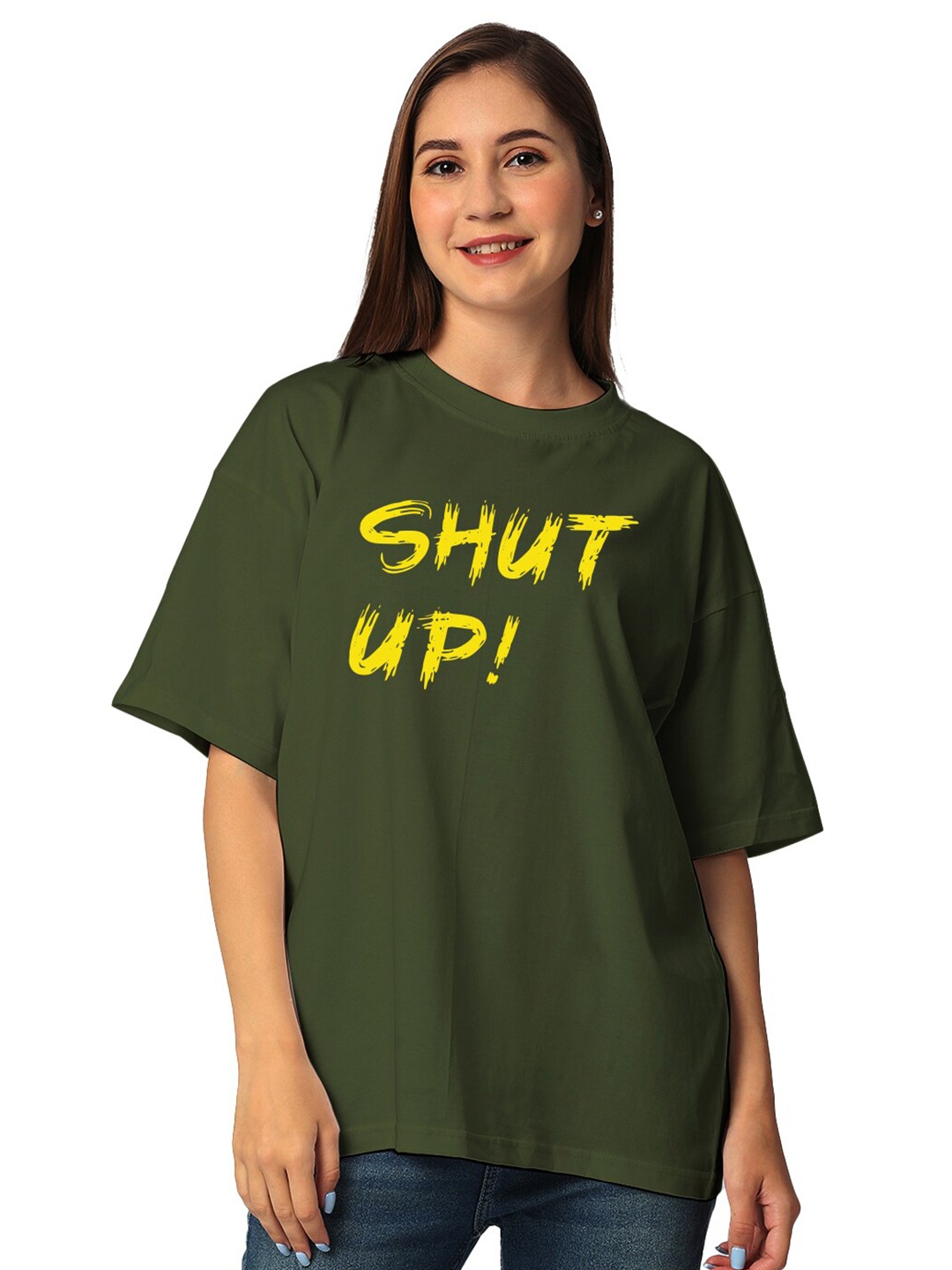 

STATUS MANTRA Bio Finish Drop Shoulder Sleeves Printed Pure Cotton Oversized T Shirt, Olive