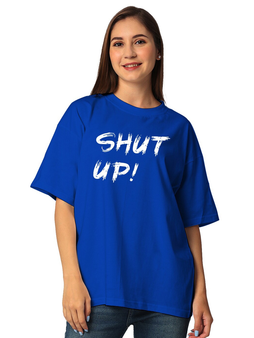 

STATUS MANTRA Typography Printed Drop Shoulder Sleeves Pure Cotton Oversized T Shirt, Blue