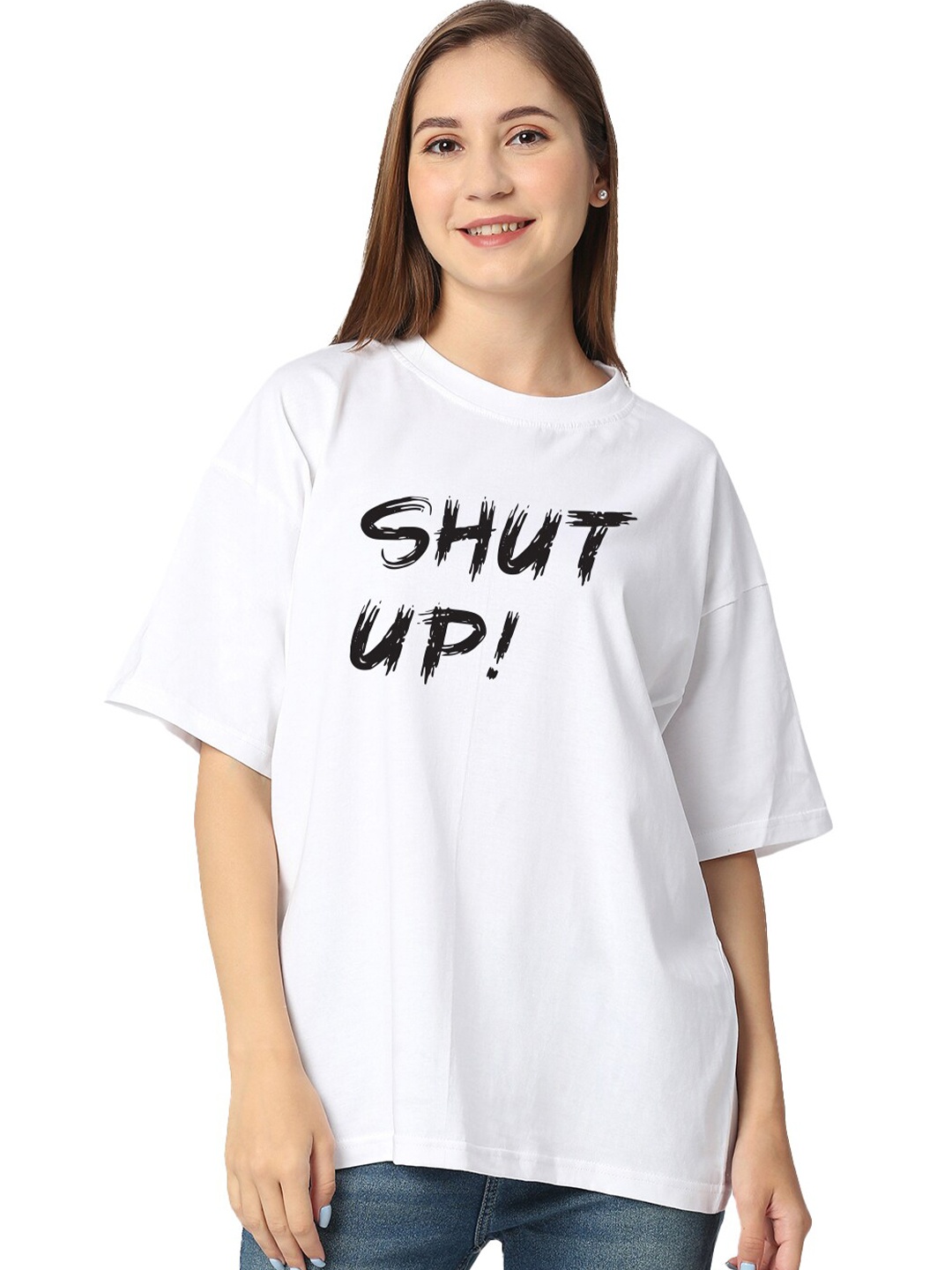 STATUS MANTRA Typography Printed Drop-Shoulder Sleeves Pure Cotton Oversized T-shirt, White