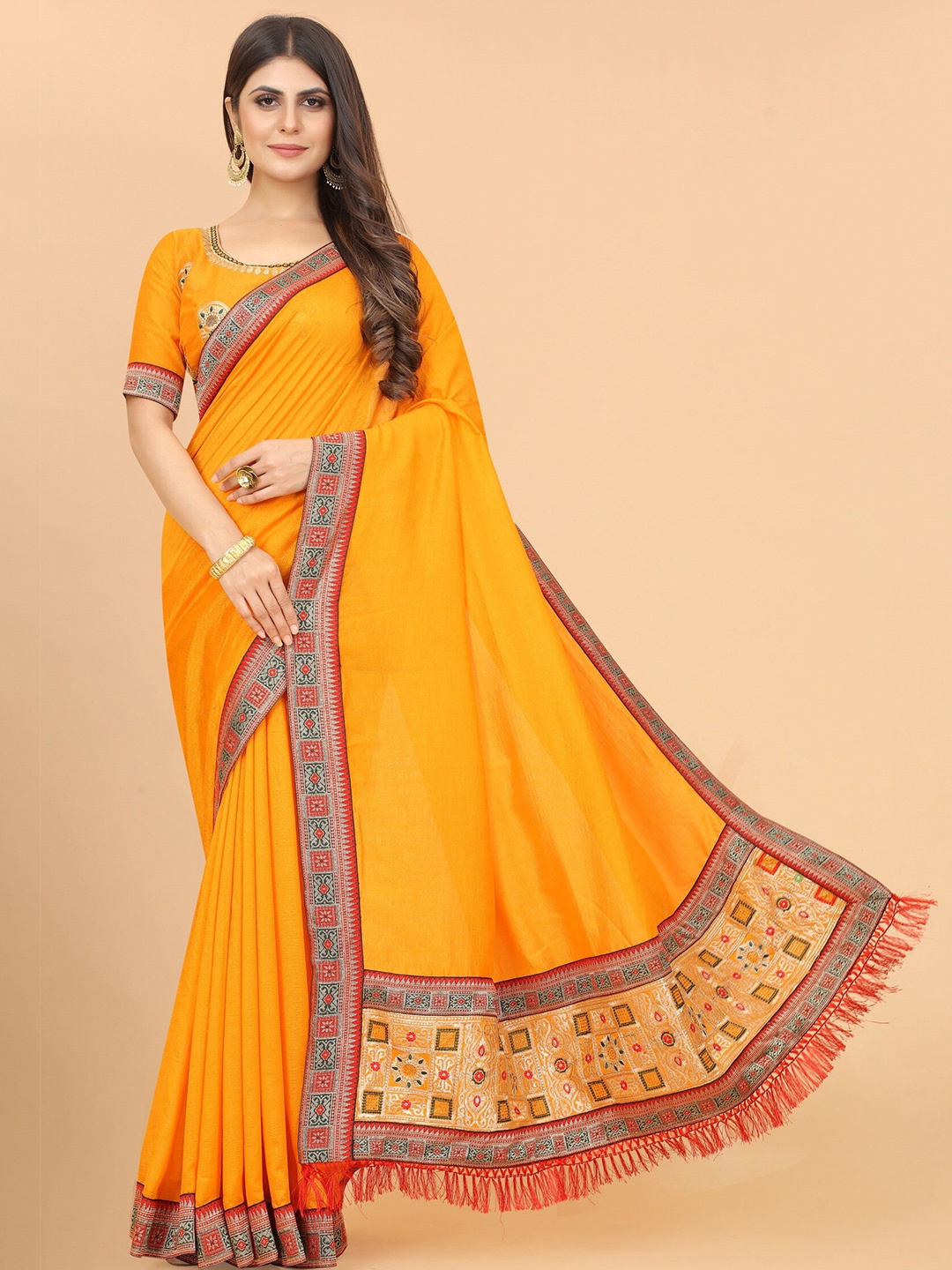 

ASTEYAM Zari Pure Silk Saree, Mustard