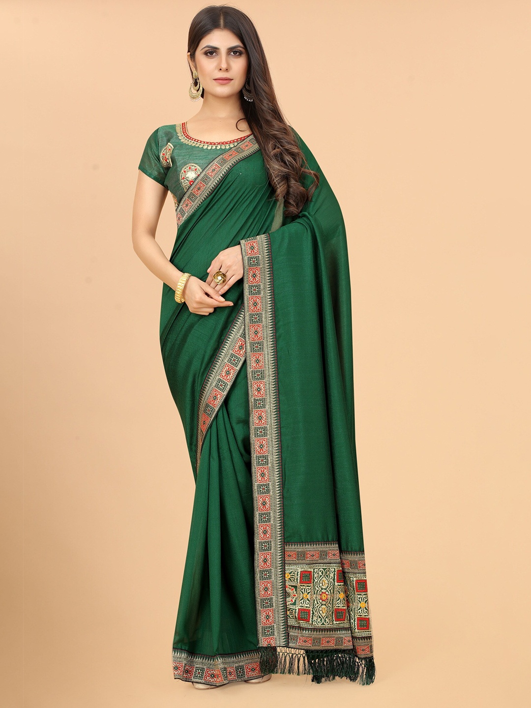 

ASTEYAM Women Woven Design Zari Pure Silk Saree, Green