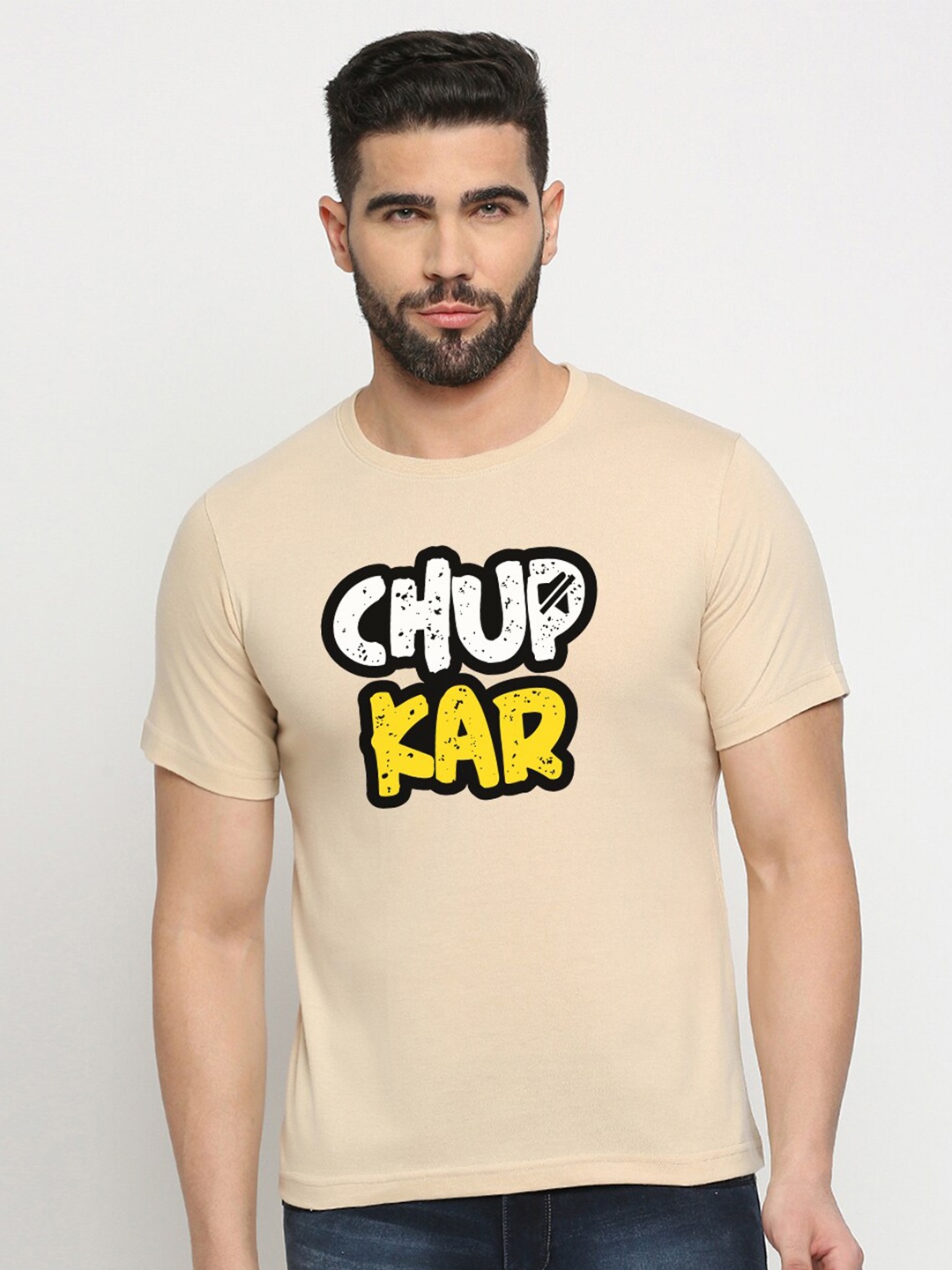 

MOD ECRU Typography Printed Cotton Round Neck T-shirt, Cream