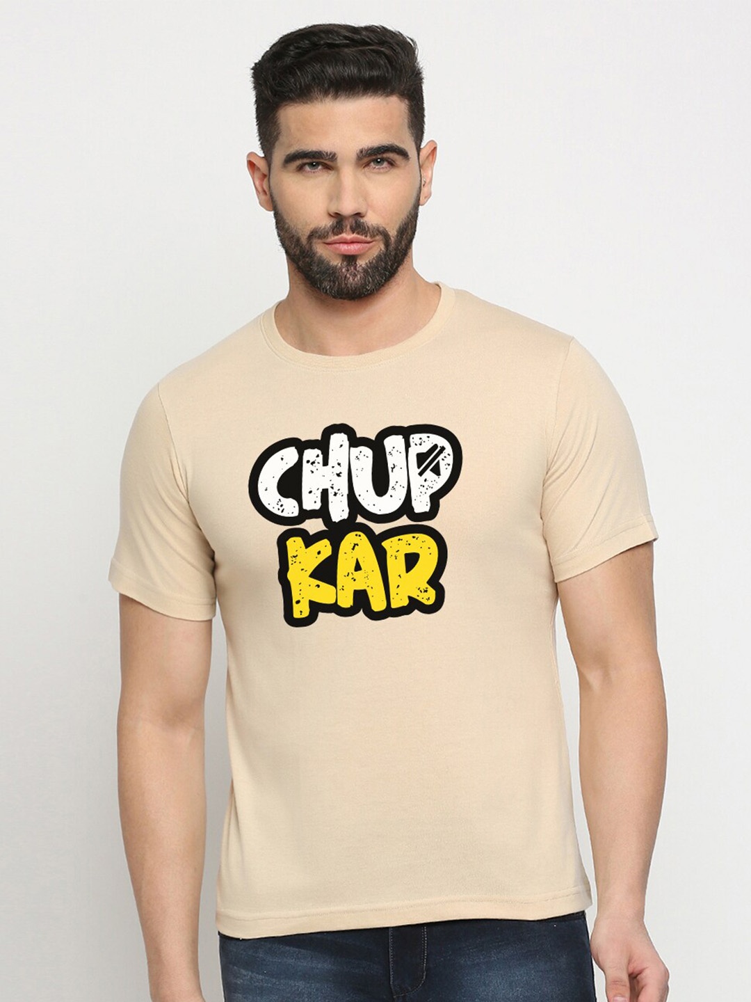 

MOD ECRU Typography Printed Cotton Round Neck T-shirt, Cream