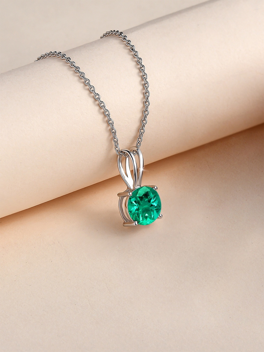 

Ornate Jewels Silver Rhodium-Plated Emerald Solitaire Pendant with Chain