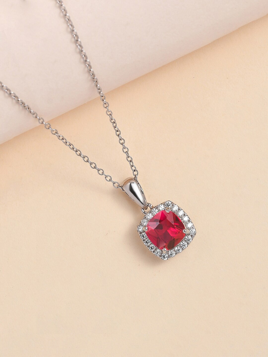 

Ornate Jewels 925 Silver Rhodium-Plated American Diamond Pendant with Chain, Red