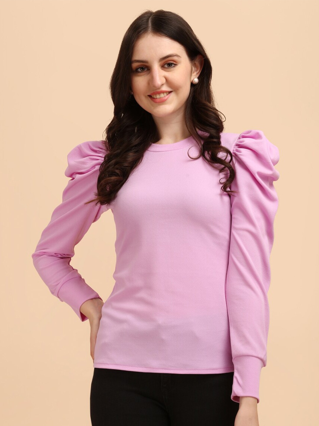 

WESTHOOD Round Neck Puff Sleeves Top, Lavender