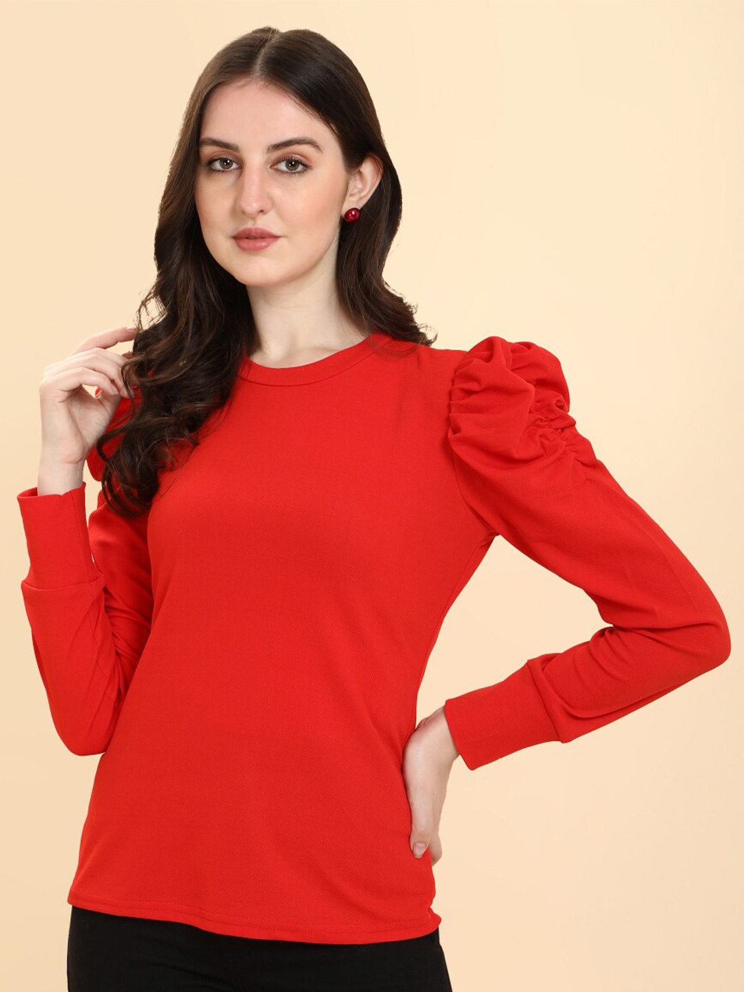 

WESTHOOD Round Neck Puff Sleeves Top, Red