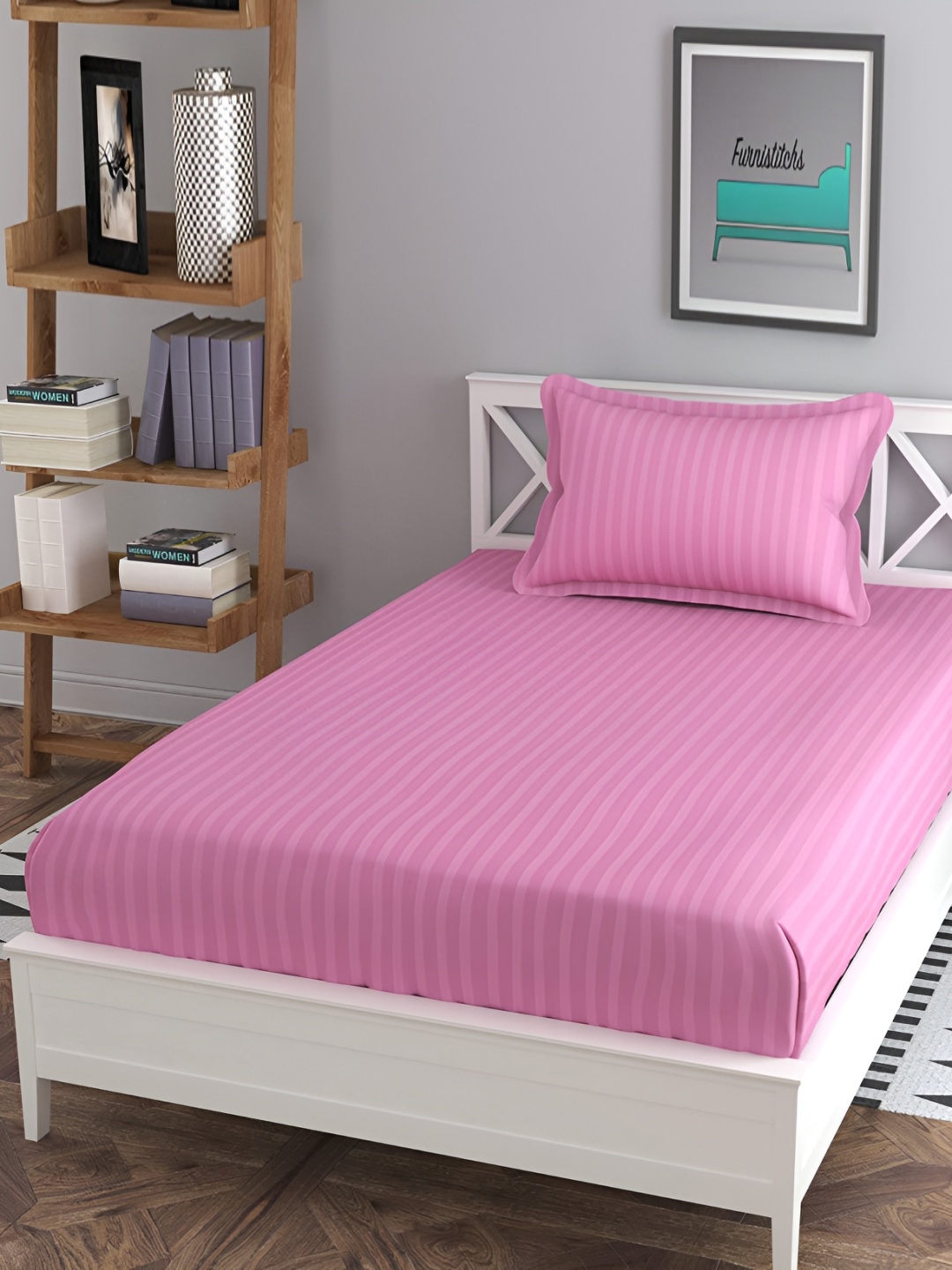 

RRC Pink Striped 144 TC Single Fitted Bedsheet with 1 Pillow Covers