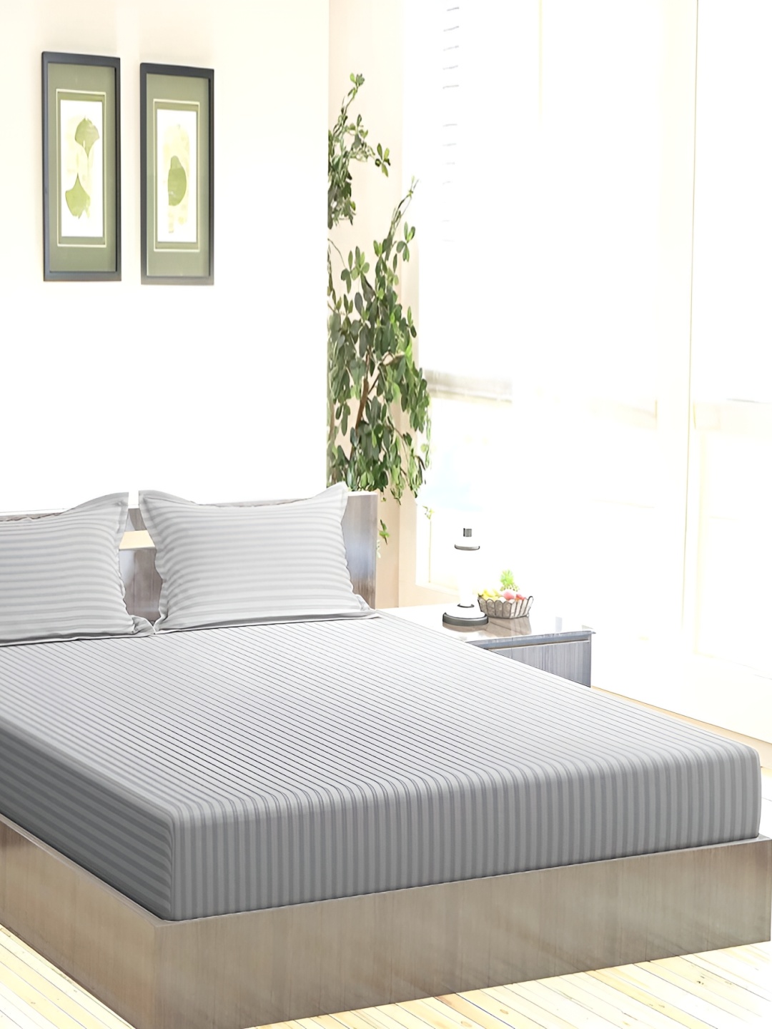 

RRC Grey Striped 144 TC Queen Fitted Bedsheet with 2 Pillow Covers