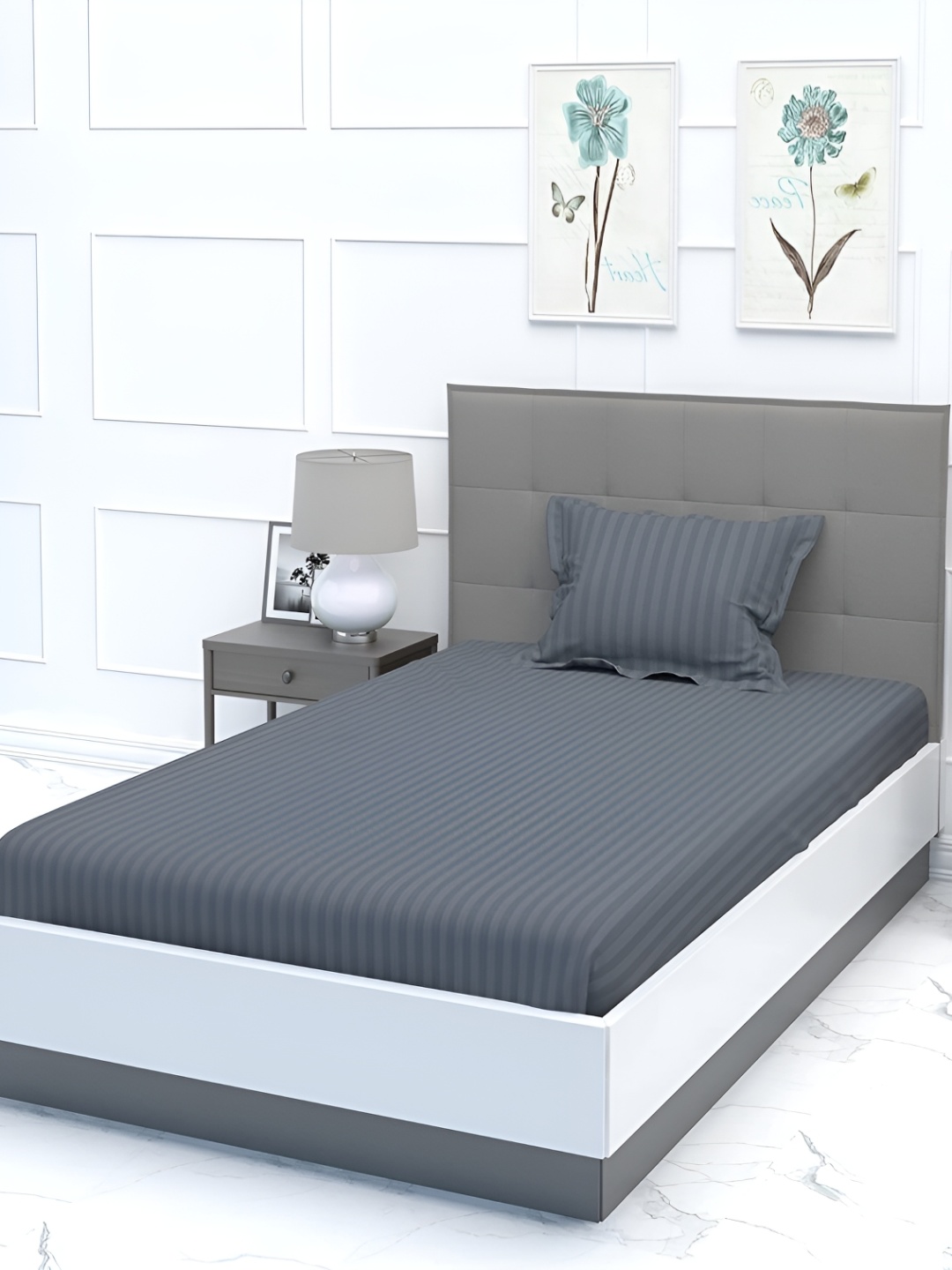 

RRC Grey Striped 144 TC Single Fitted Bedsheet with 1 Pillow Covers