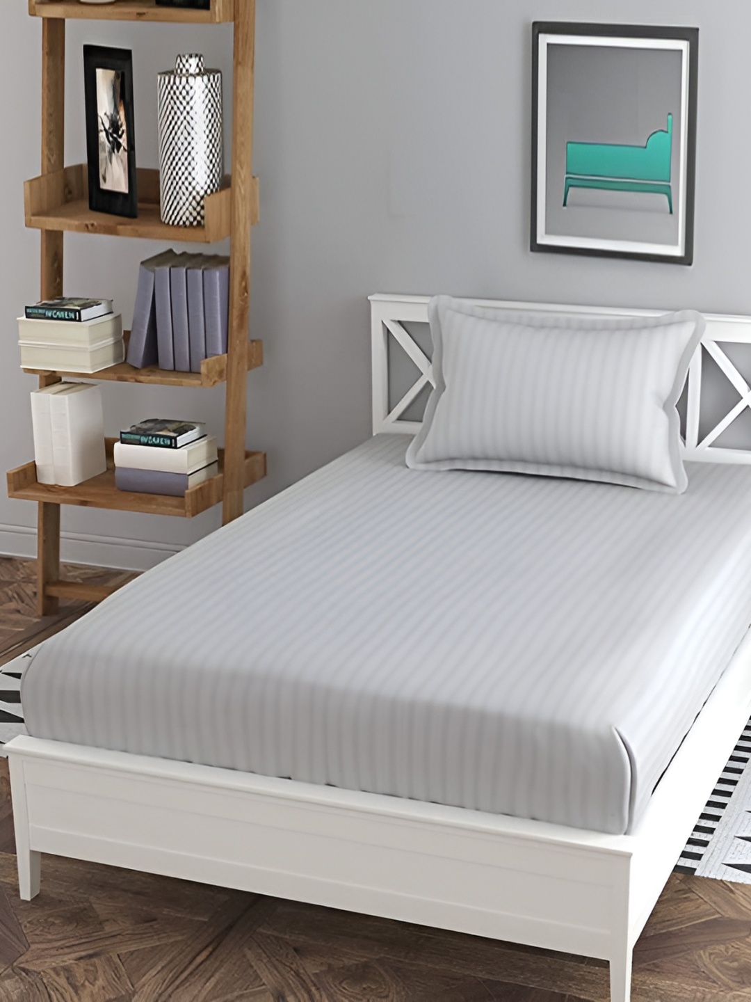 

RRC Grey Striped 144 TC Single Fitted Bedsheet with 1 Pillow Covers