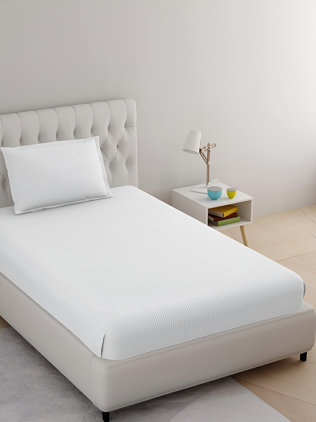 

RRC White Striped 144 TC Single Fitted Bedsheet with 1 Pillow Covers