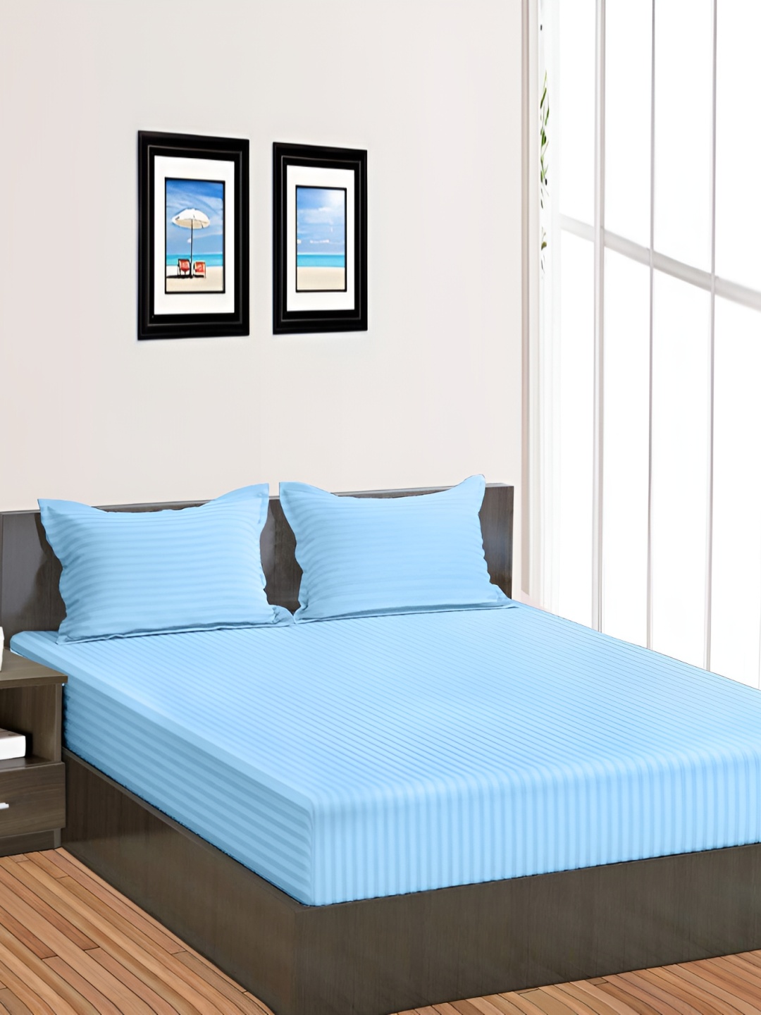 

RRC Turquoise Blue Striped 144 TC King Fitted Bedsheet with 2 Pillow Covers