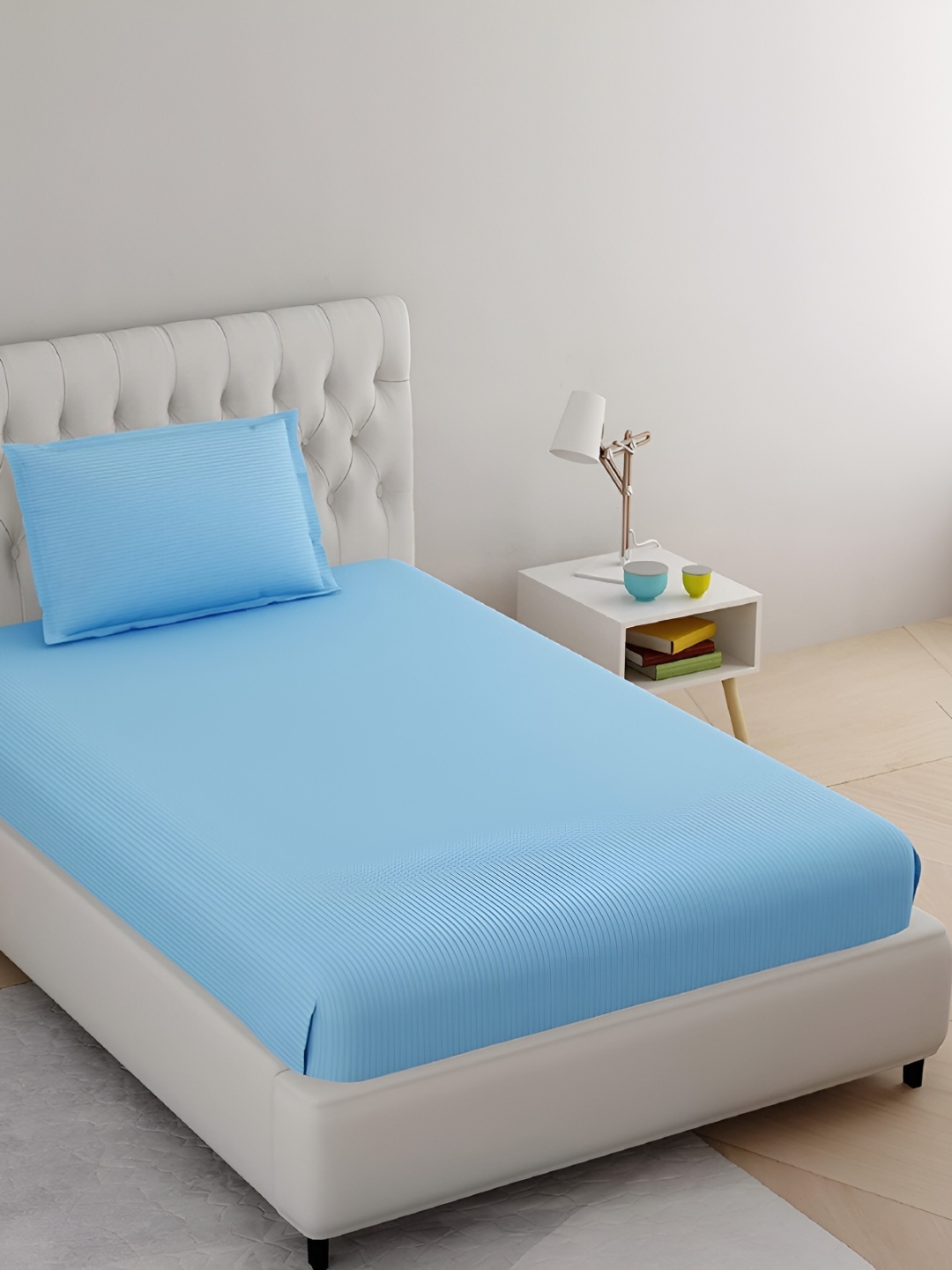 

RRC Turquoise Blue Striped 144 TC Single Fitted Bedsheet with 1 Pillow Covers
