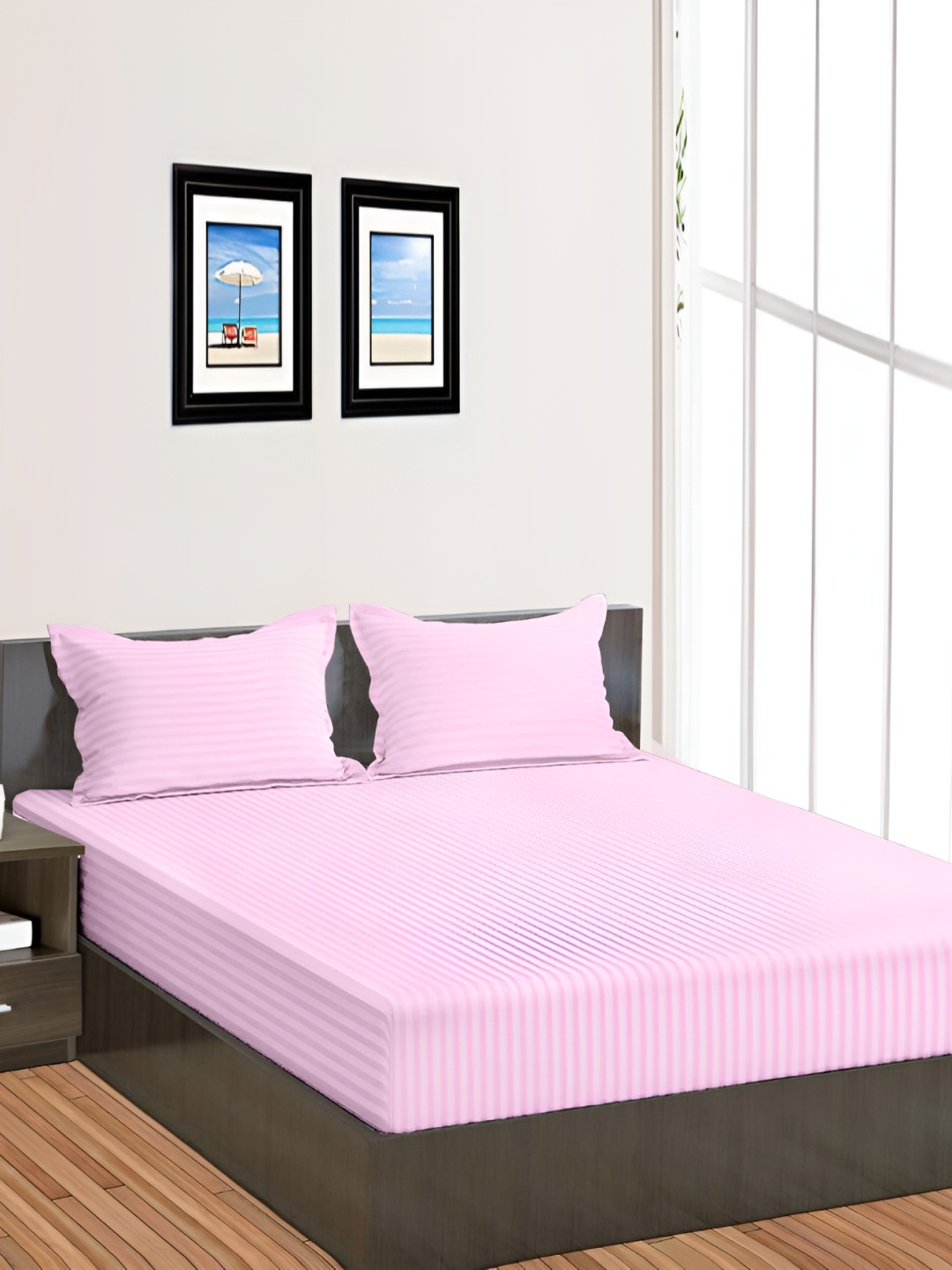 

RRC Pink Striped 144 TC Queen Fitted Bedsheet with 2 Pillow Covers