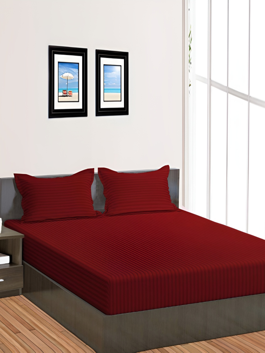 

RRC Maroon Striped 144 TC Queen Fitted Bedsheet with 2 Pillow Covers