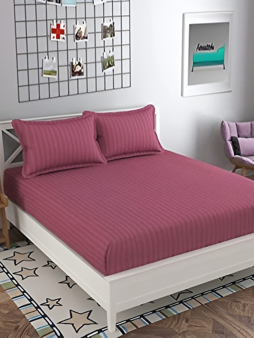 RRC Coral Striped 144 TC King Fitted Bedsheet with 2 Pillow Covers