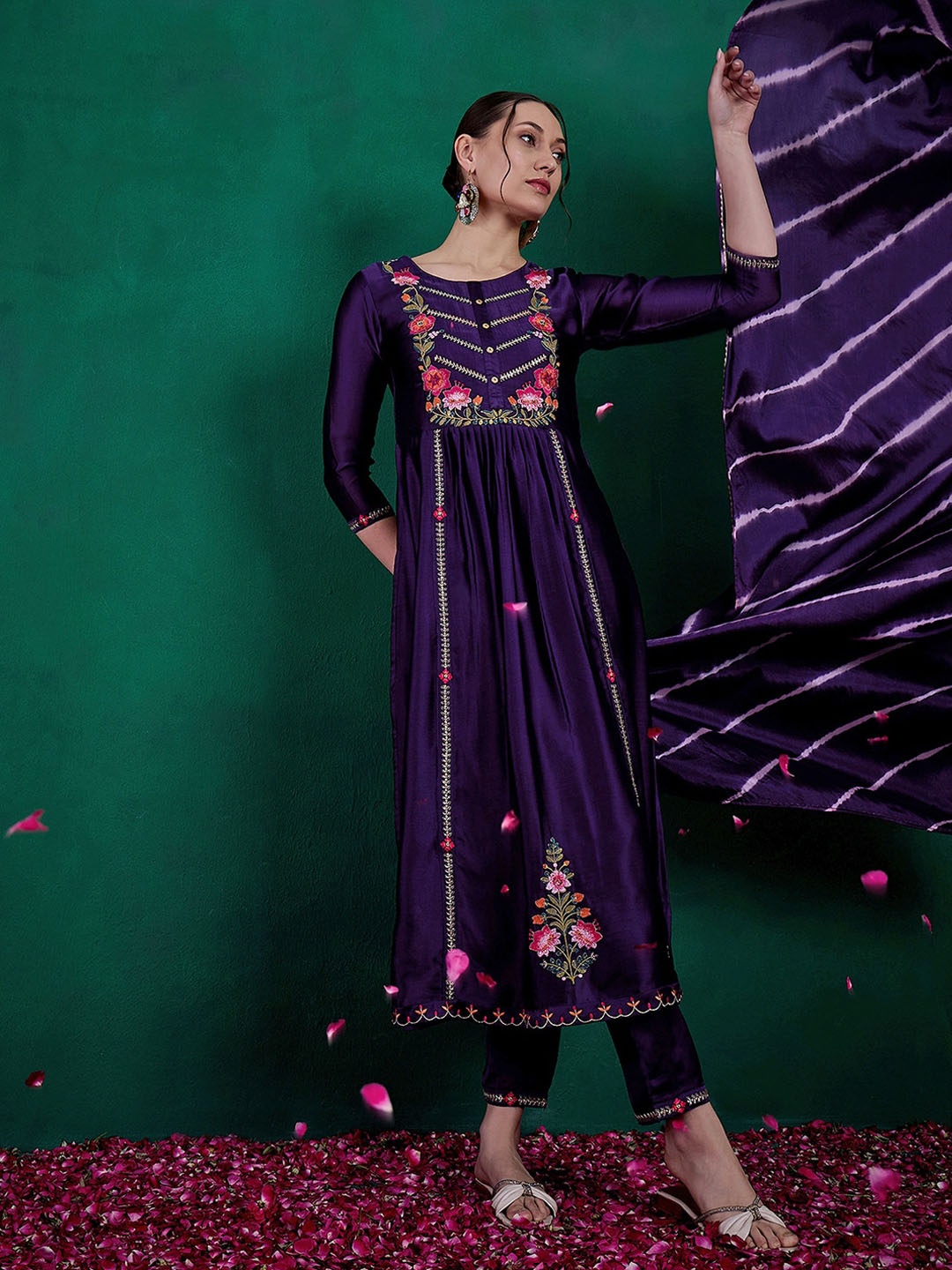 

Sangria Zari & Sequence Embroidered Round Neck Kurta With Trousers & Dupatta, Purple