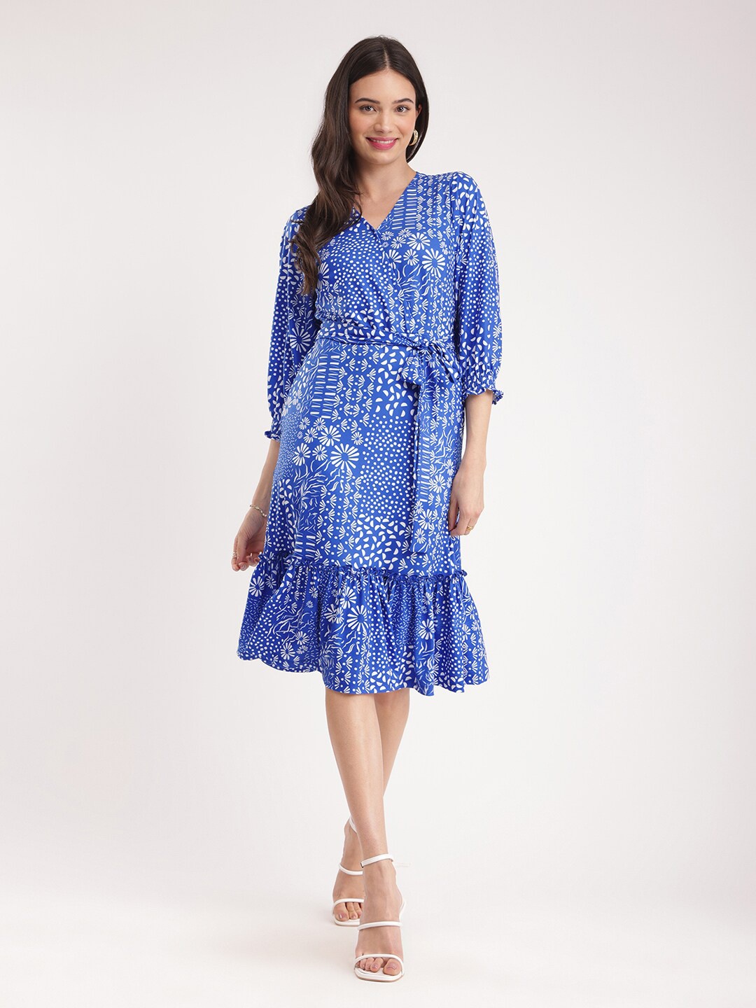 

FableStreet Floral Print -Neck Puff Sleeves Wrap Dress, Blue