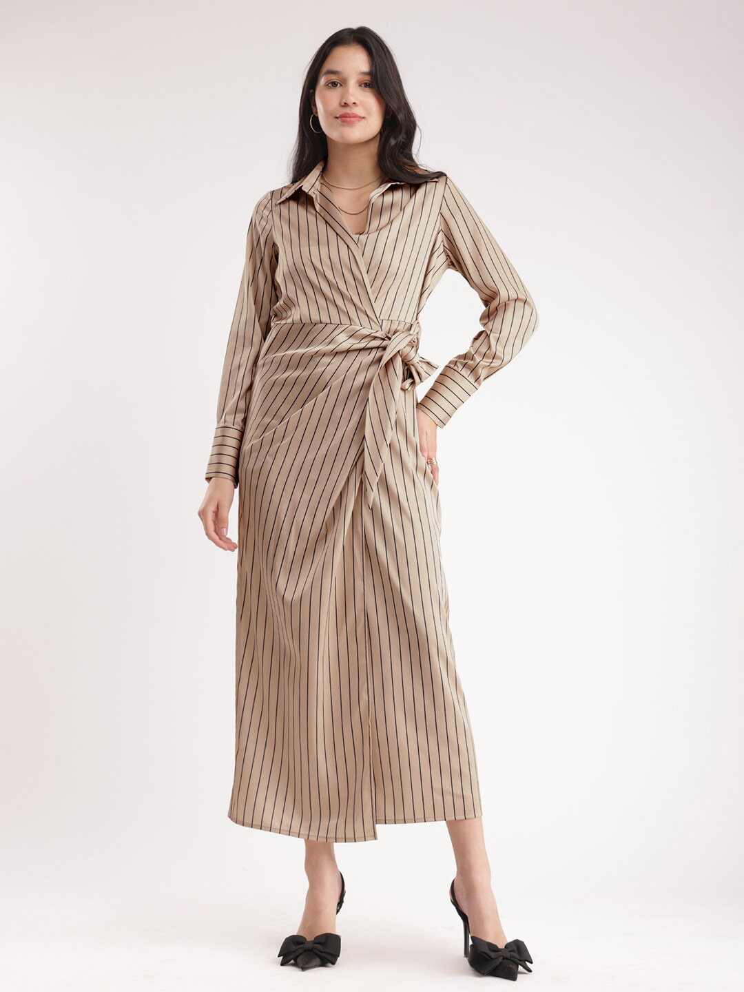 

FableStreet Striped Printed Cuffed Sleeves Satin Wrap Dress, Beige