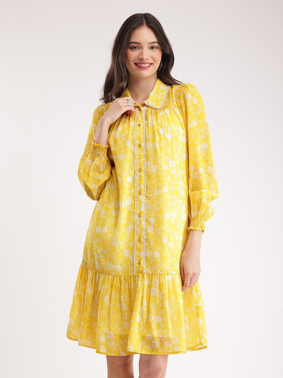 

FableStreet Floral Printed Shirt Collar Cuffed Sleeves Shirt Dress, Yellow