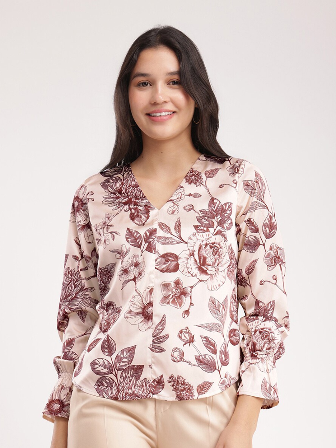 

FableStreet Floral Printed Satin Top, Beige