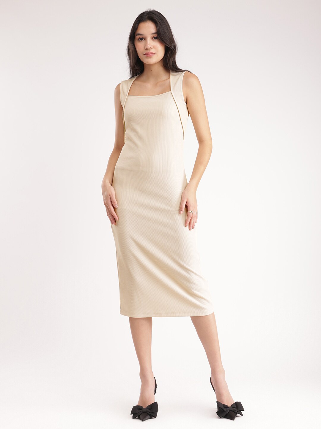 

FableStreet Square Neck Knitted Bodycon Midi Dress, Beige