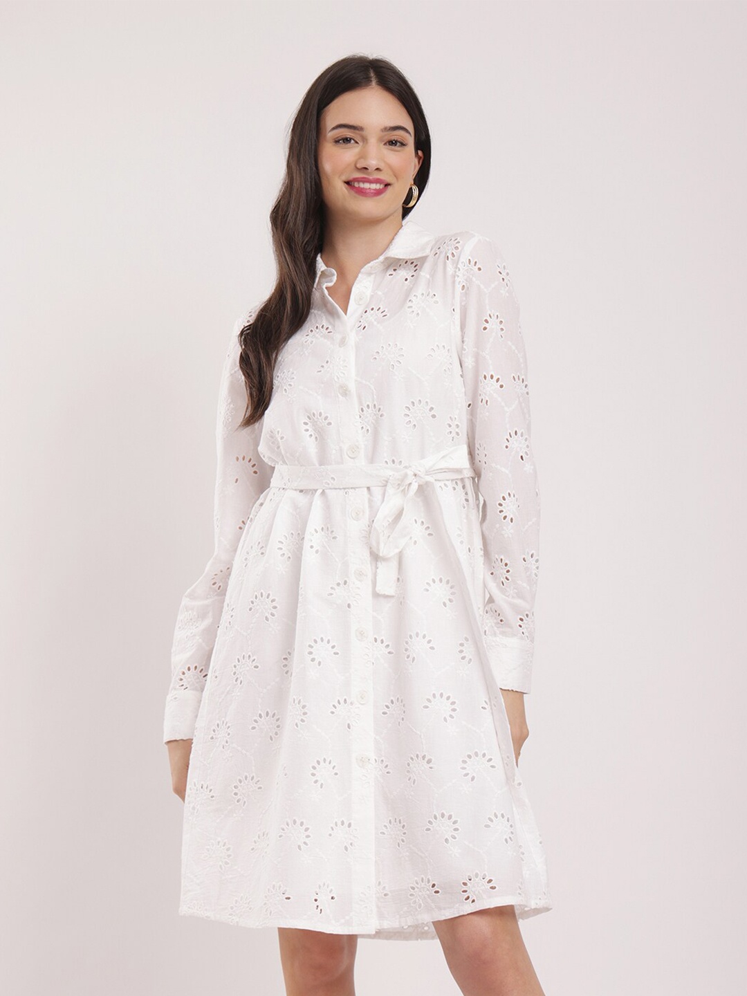 

FableStreet Self Design Cuffed Sleeves Cotton Shirt Dress, White