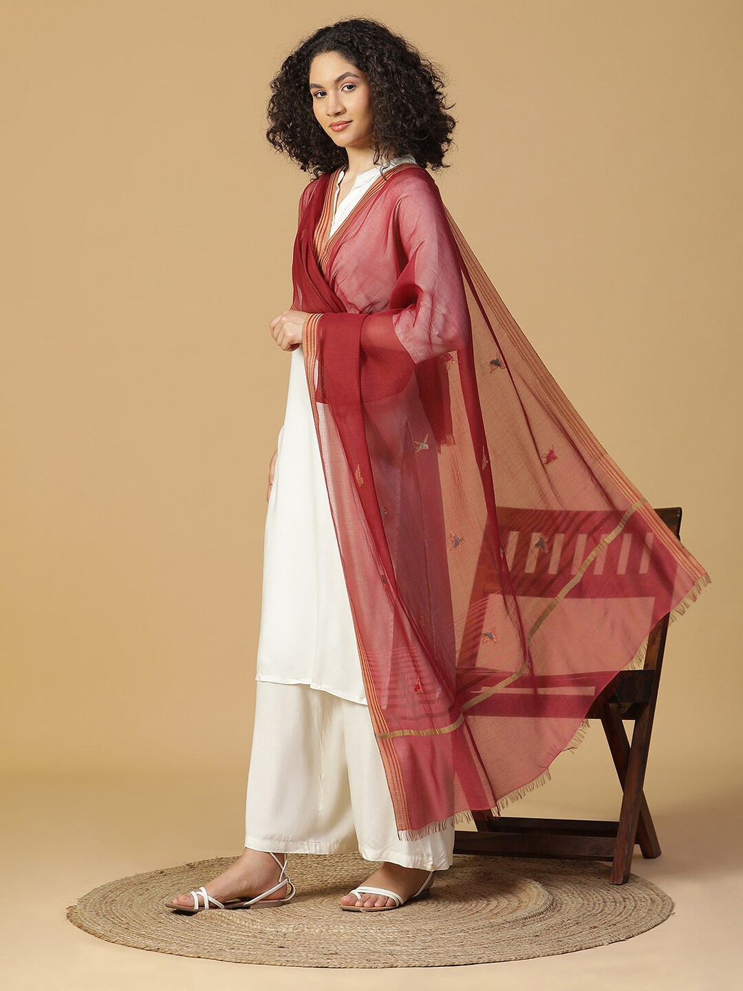 

SHINGORA Woven Design Dupatta with Zari, Maroon