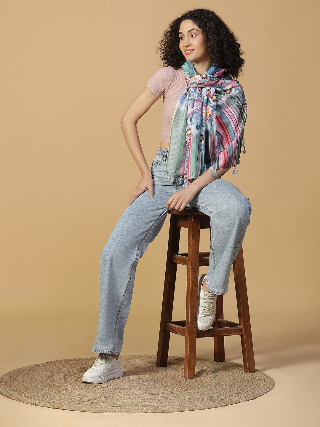 

SHINGORA Floral Printed Silk Stole, Blue