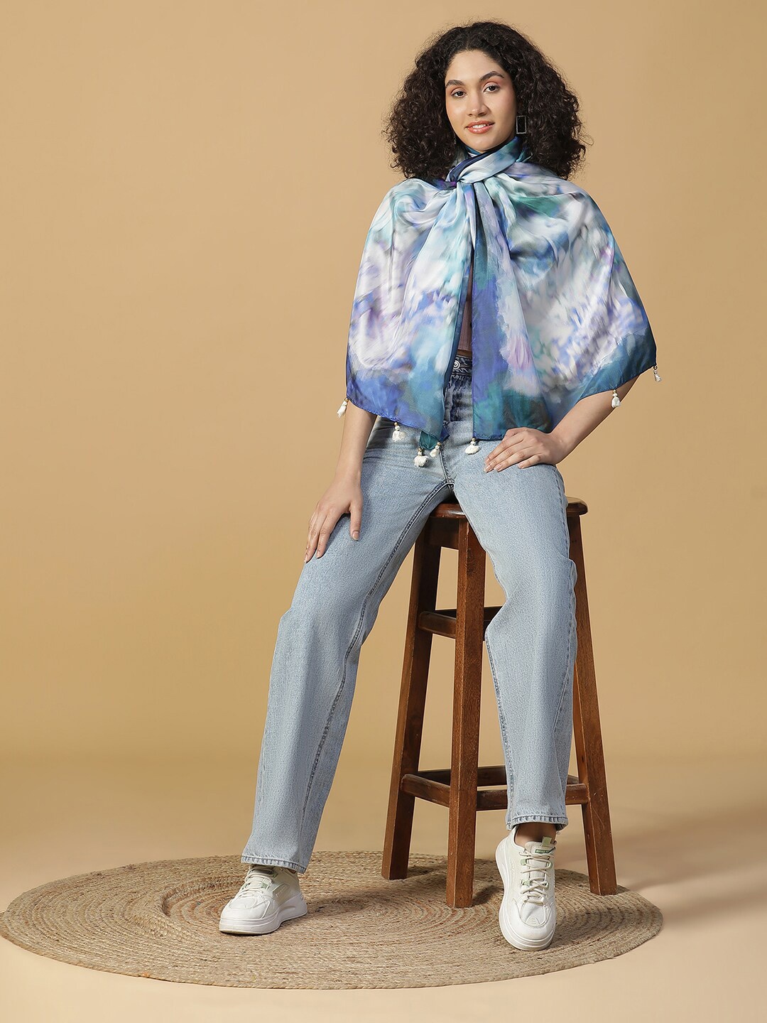 

SHINGORA Floral Printed Silk Stole, Blue