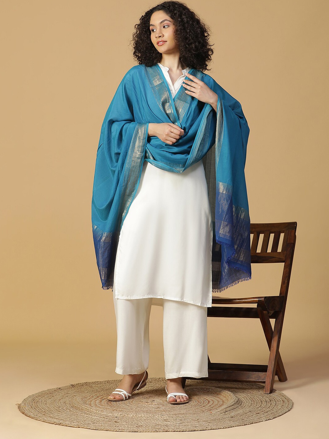 

SHINGORA Zari Dupatta with Fringed, Turquoise blue
