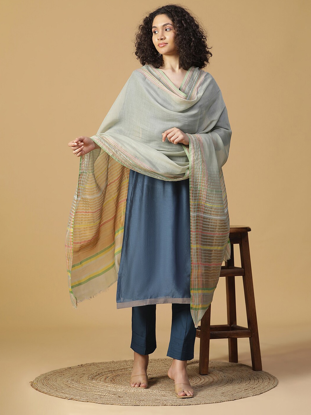 

SHINGORA Striped Dupatta with Zari, Grey