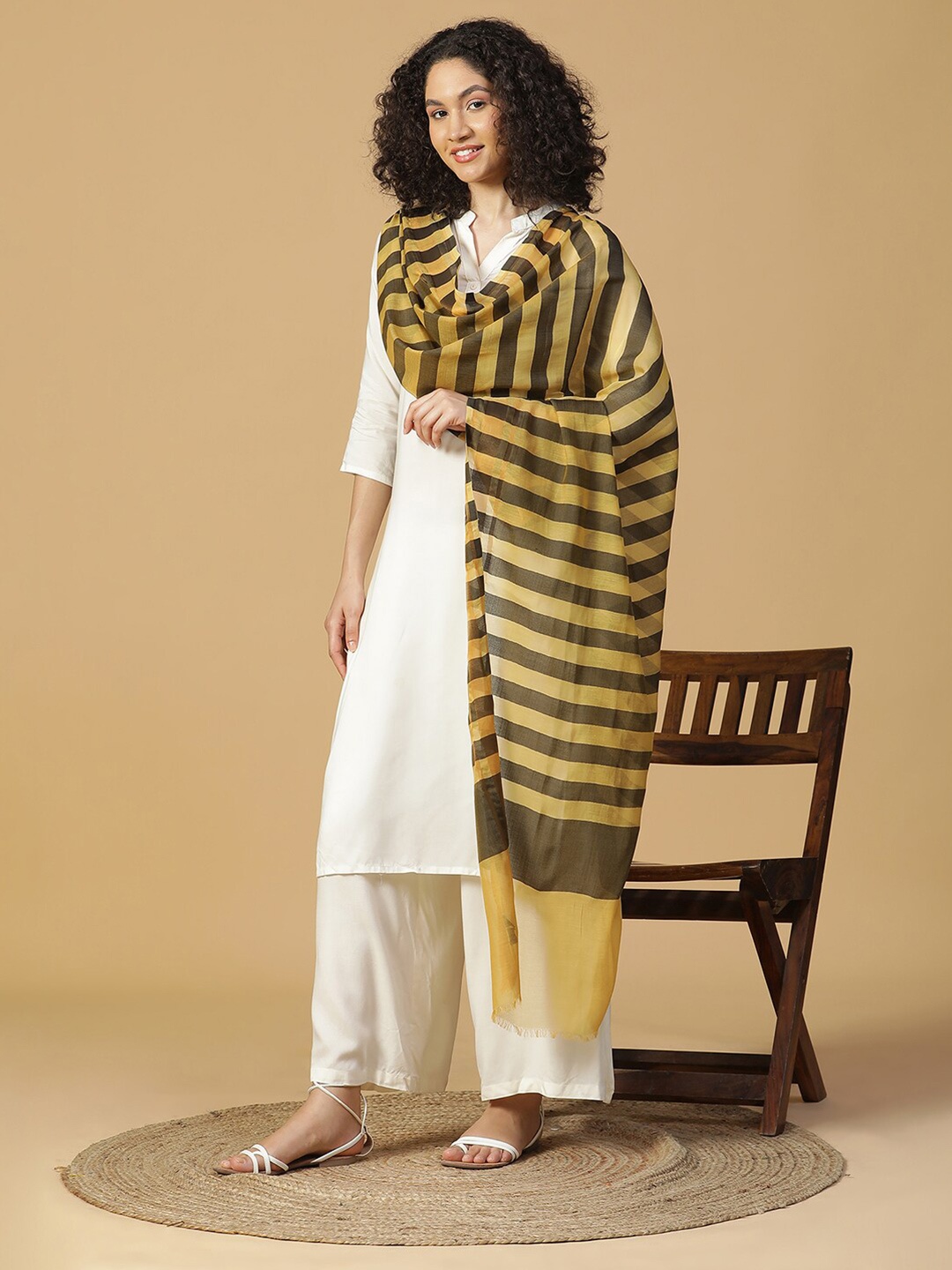 

SHINGORA Striped Fringed Dupatta, Gold