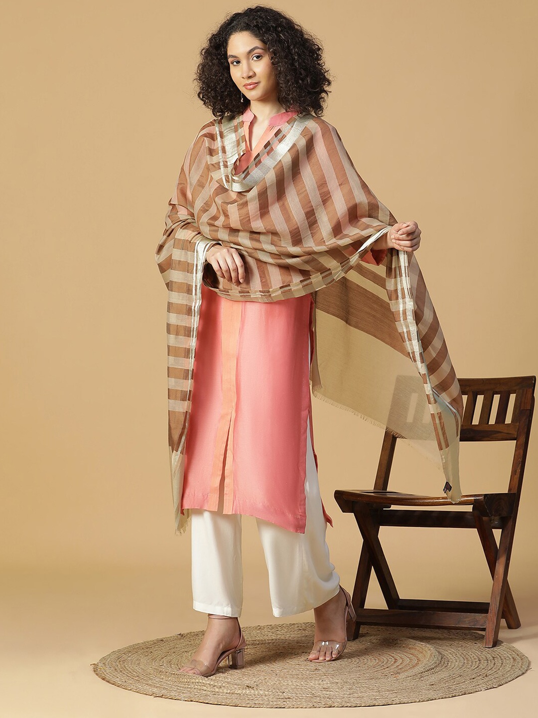 

SHINGORA Striped Dobby Dupatta, Beige