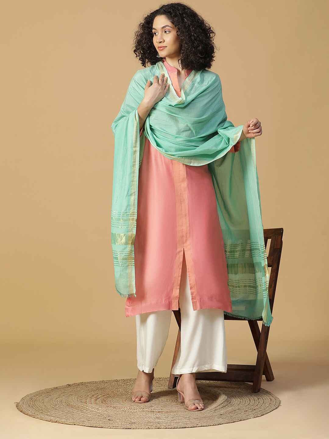 

SHINGORA Woven Design Dupatta with Zari, Sea green
