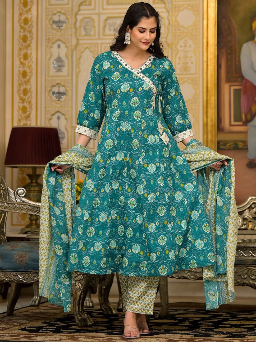 

VASVI Floral Printed Angrakha Mirror Work Pure Cotton Kurta with Harem Pant & Dupatta, Teal