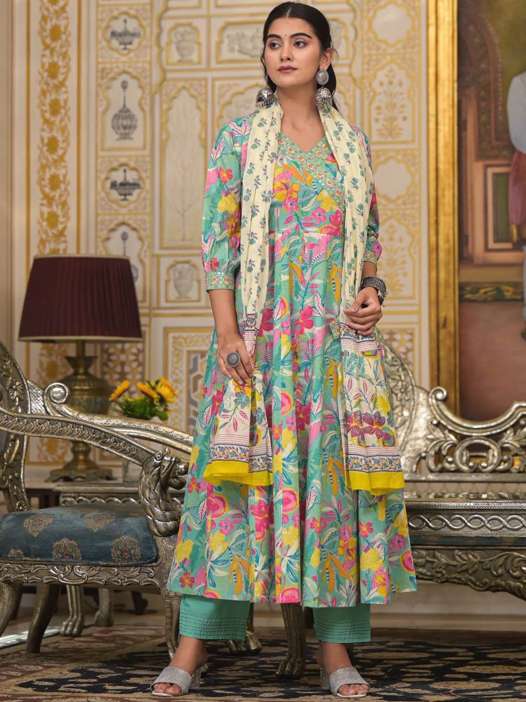 

VASVI Floral Printed Angrakha Thread Work Pure Cotton Kurta with Harem Pant & Dupatta, Green