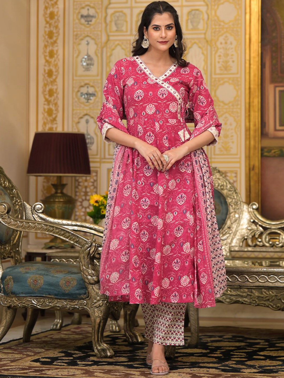 

VASVI Floral Printed Angrakha Mirror Work Pure Cotton Kurta with Harem Pants & Dupatta, Pink