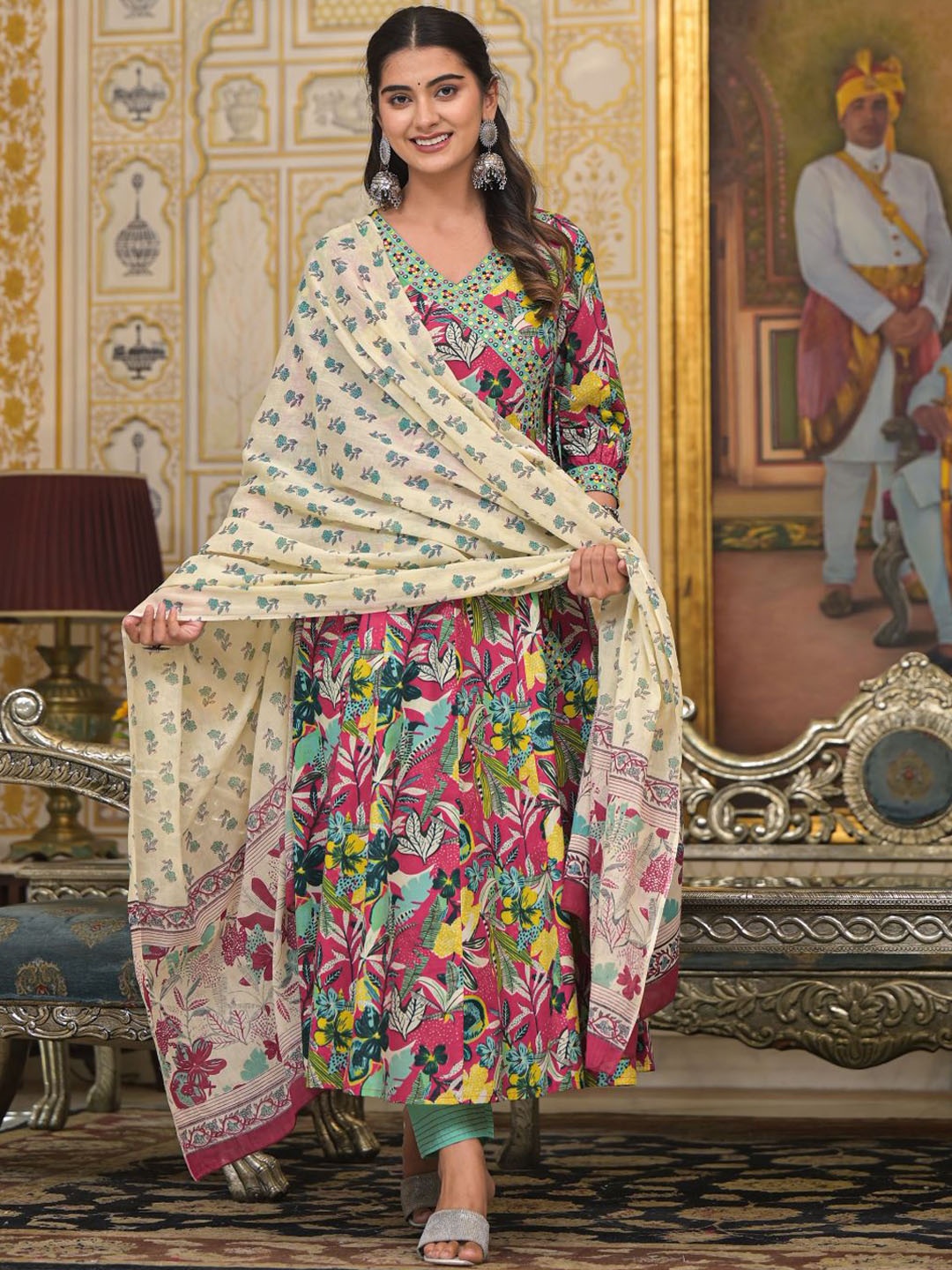 VASVI Floral Printed Angrakha Thread Work Pure Cotton Kurta with Harem Pants & Dupatta, Green