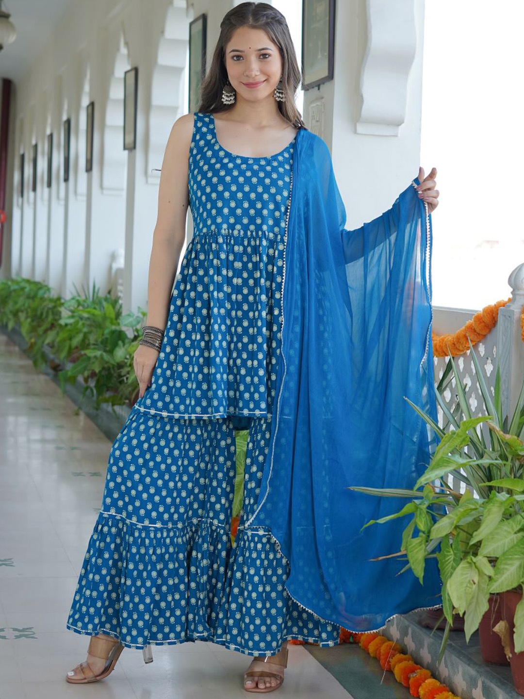 

VASVI Ethnic Motifs Printed Regular Kurti with Sharara & Dupatta, Blue