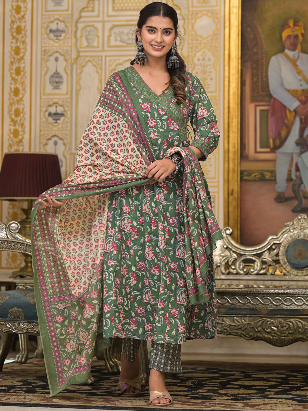 

VASVI Floral Printed Angrakha Sequinned Pure Cotton Kurta with Harem Pant & Dupatta, Green