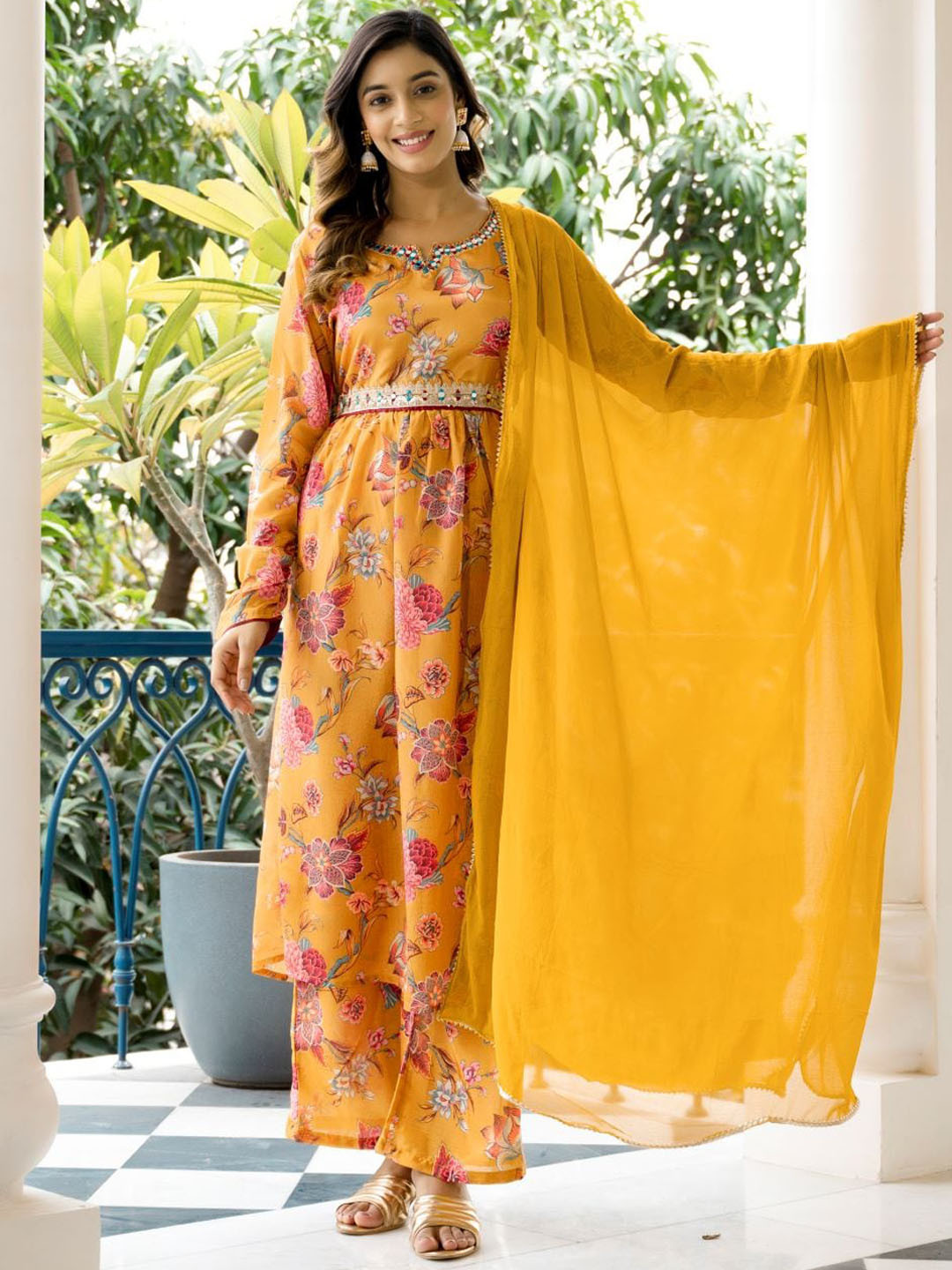 

VASVI Floral Printed Regular Mirror Work Pure Cotton Kurta with Palazzo & Dupatta, Mustard