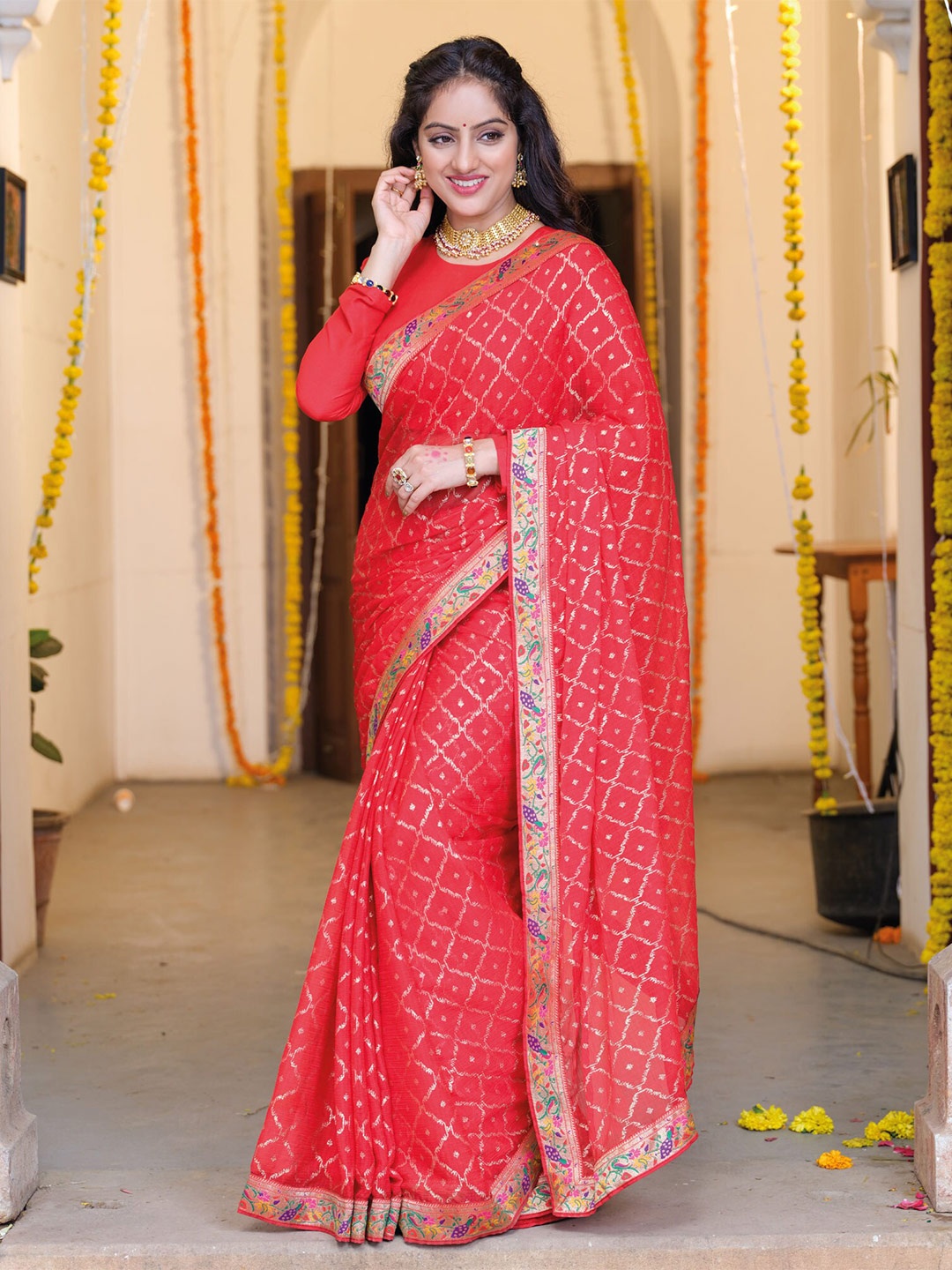 

Laxmipati Woven Design Zari Poly Chiffon Saree, Red